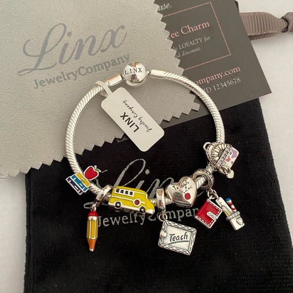Linx Snake Chain Bracelet with Teacher Themed Charms 925 sterling silver